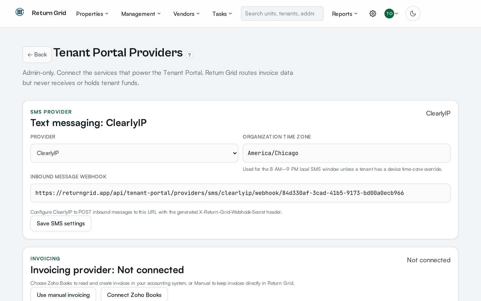 The Tenant Portal Providers settings page