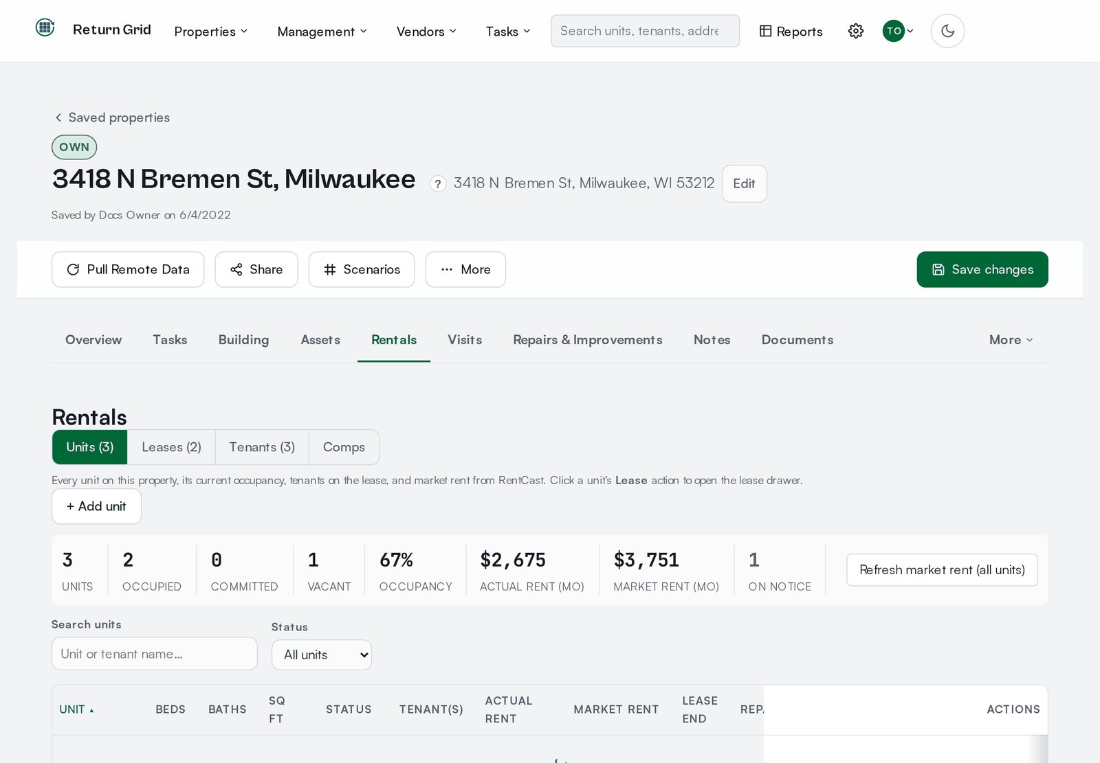 The Rent Roll tab, listing units with occupancy, tenants and rent
