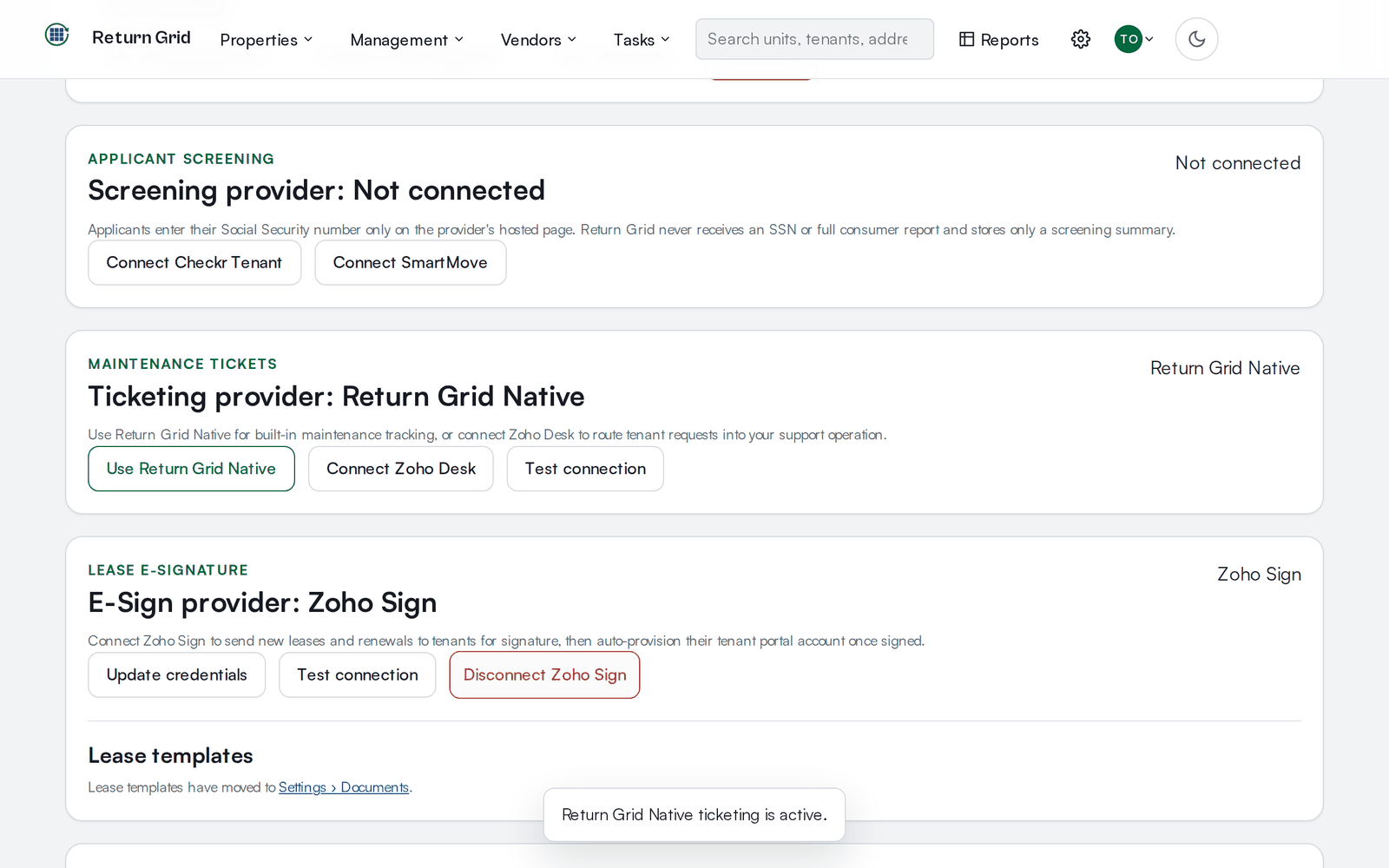 The Tenant Portal Providers page scrolled to the Maintenance tickets card, showing Ticketing provider: Return Grid Native with Use Return Grid Native, Connect Zoho Desk and Test connection buttons, next to the neighboring Applicant screening and Lease e-signature cards
