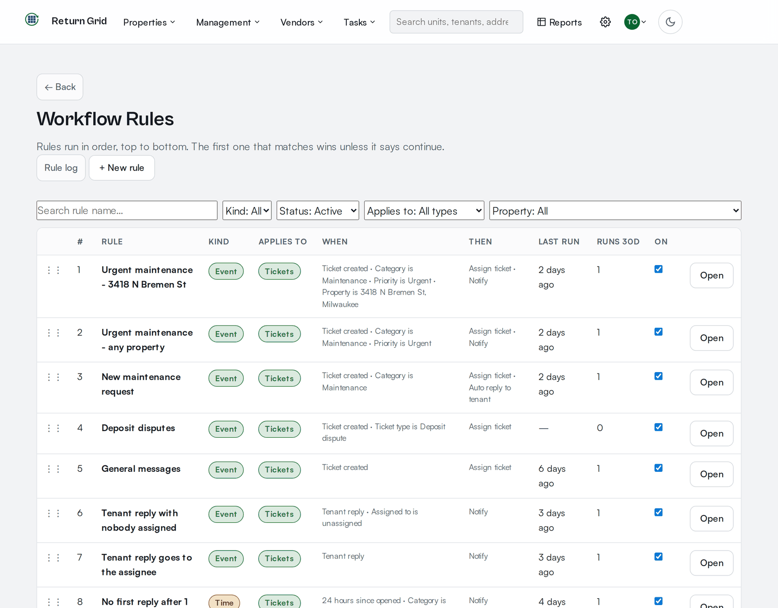 The Workflow Rules list screen showing both event and time rules with their Kind, When, Then and Last run columns
