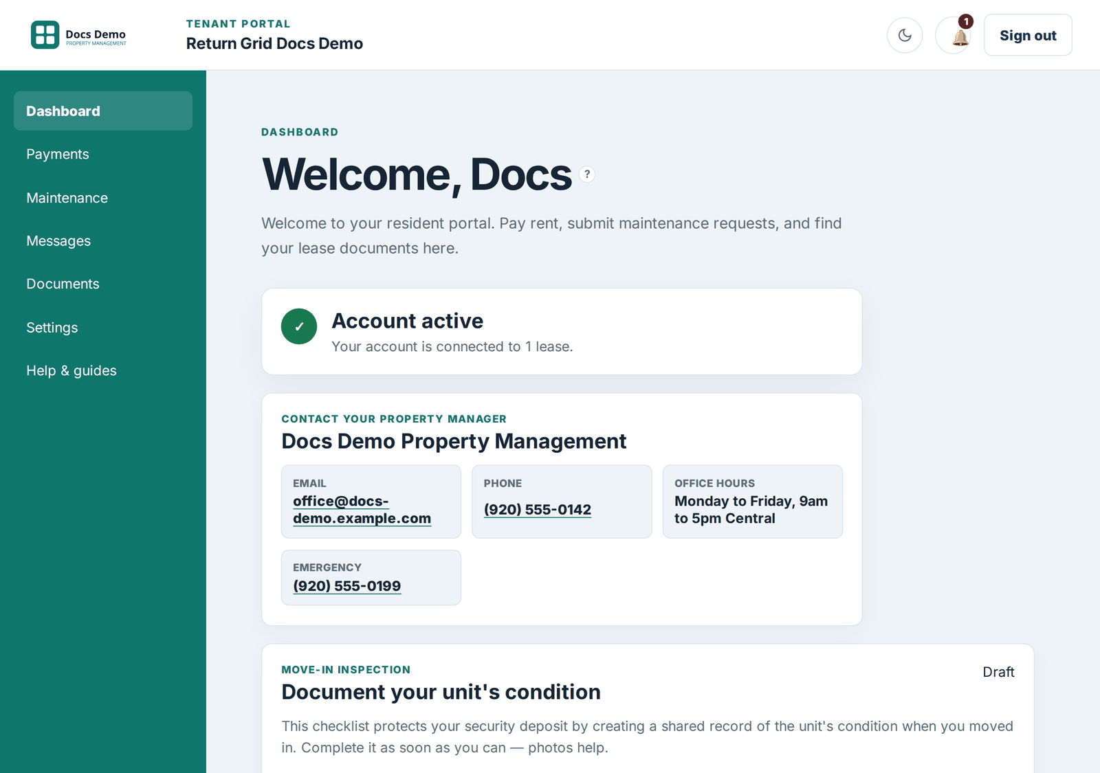 The Tenant Portal dashboard with the account status and move-in inspection cards