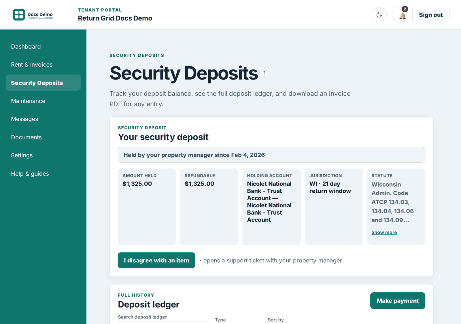 The Security Deposits page, showing a deposit status card with amount held, refundable amount, holding account, jurisdiction and statute, plus a deposit ledger table below with a Make payment button, search, type filter, and sort controls.