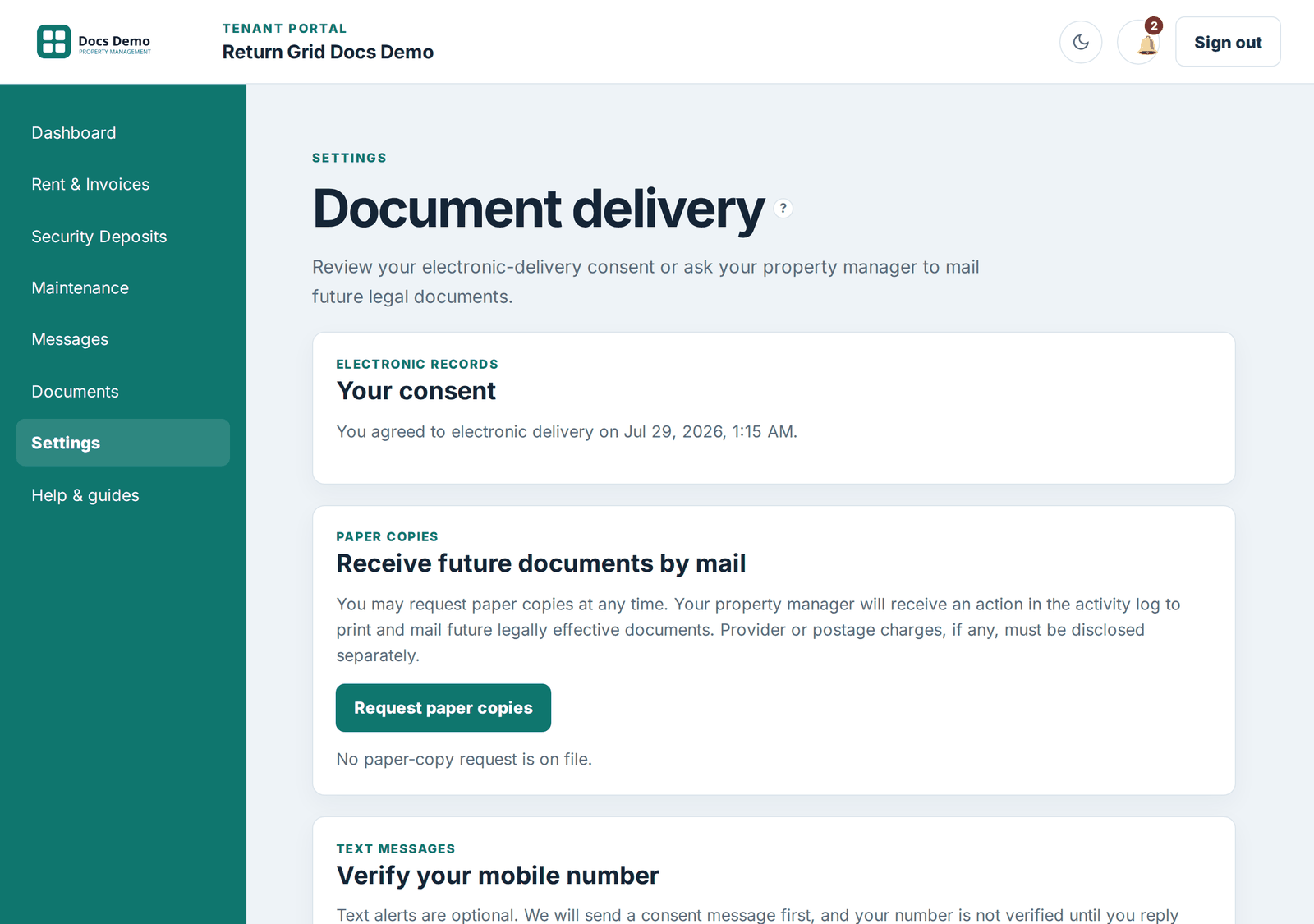 The Tenant Portal settings page