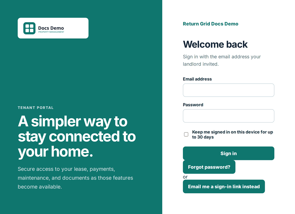 The branded Tenant Portal sign-in page